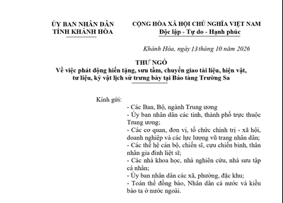THƯ NGỎ Về việc phát động hiến tặng, sưu tầm, chuyển giao tài liệu, hiện vật, tư liệu, kỷ vật lịch sử trưng bày tại Bảo tàng Trường Sa
